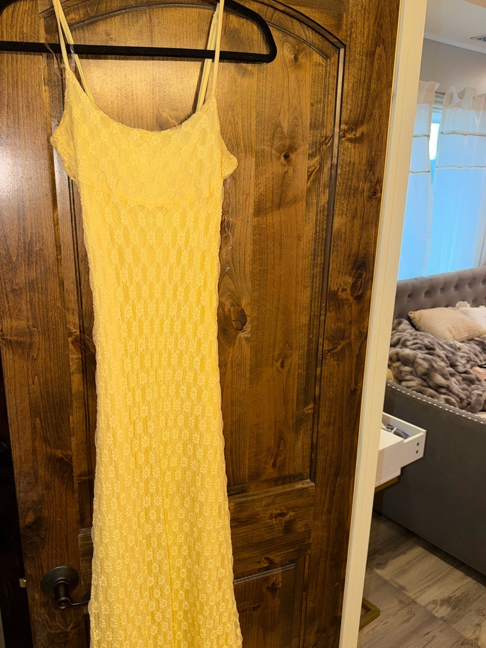 Yellow Lace Maxi Slip Dress with Spaghetti Straps